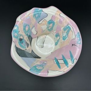 80s Post-Modern Geometric Art Hand-Painted Centerpiece Bowl by Gibson Signed
